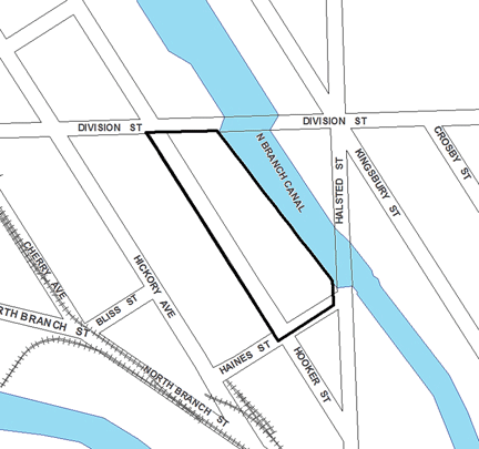 Division/Hooker TIF district, terminated in 2012, was roughly bounded on the north by Division Street, Haines Street on the south, the North Branch Canal of the Chicago River on the east, and Hooker Street on the west.